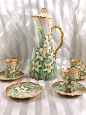 Jean Pouyat Limoges Signed Chocolate Pot Set with Hand Painted Daffodils # 26992